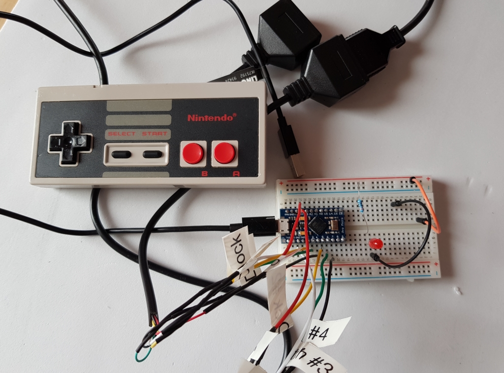 Breadboard ready for testing Arduino and NES controller