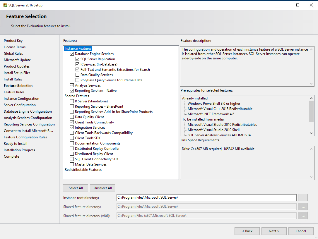 SQL Server feature selection