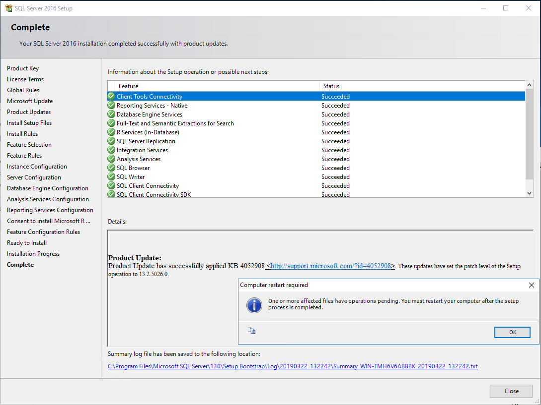 completed install SQL Server 2016