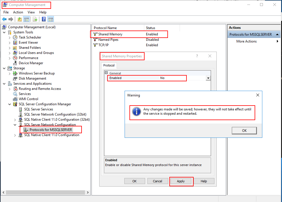 SQL configuration shared memory