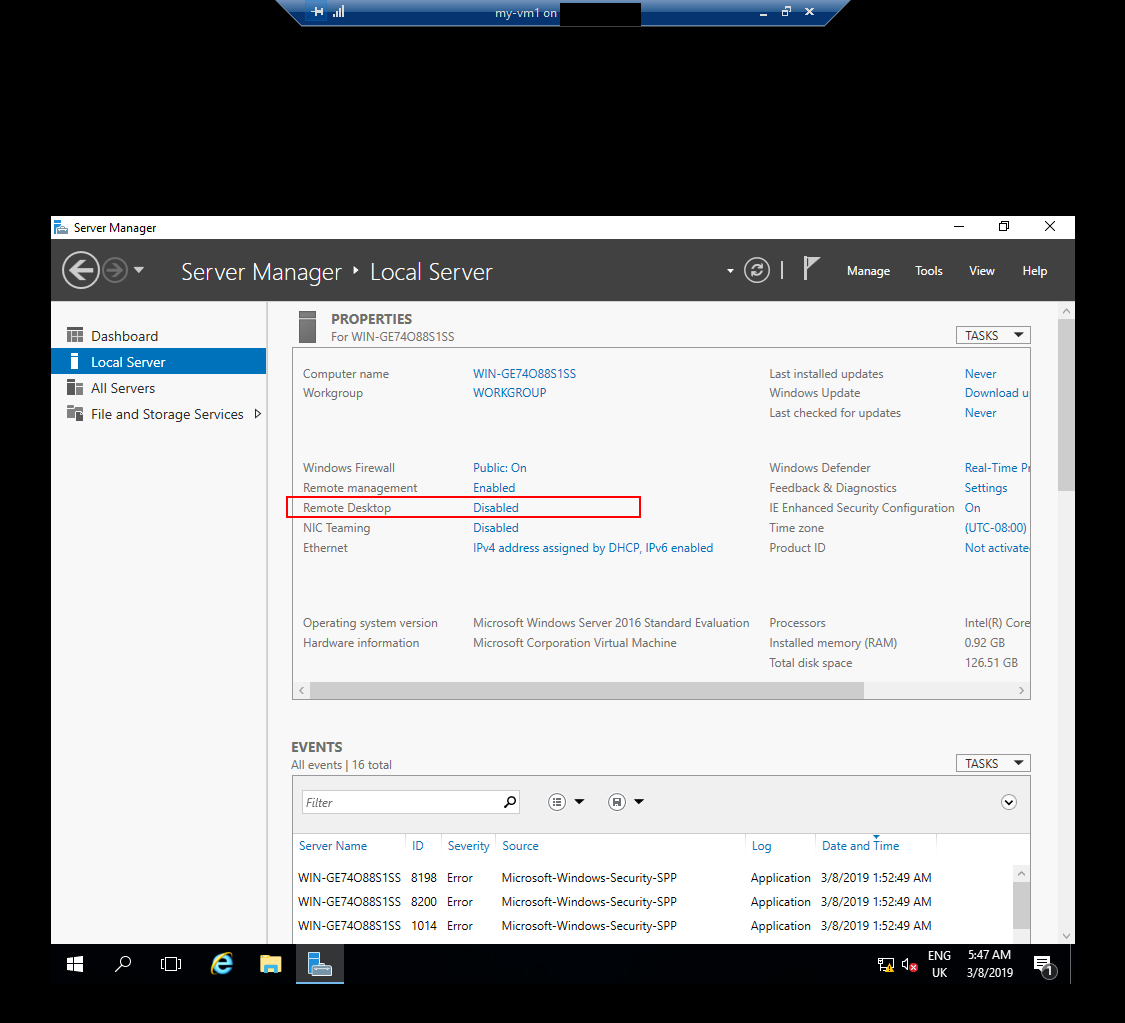 enable remote desktop conenction