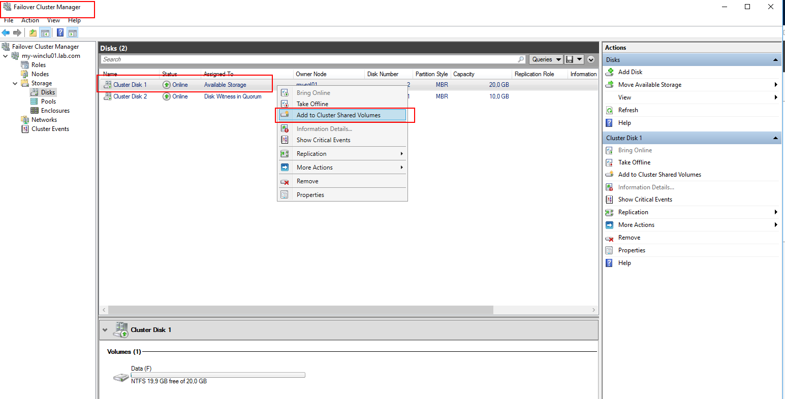 Add cluster disk as shared volume