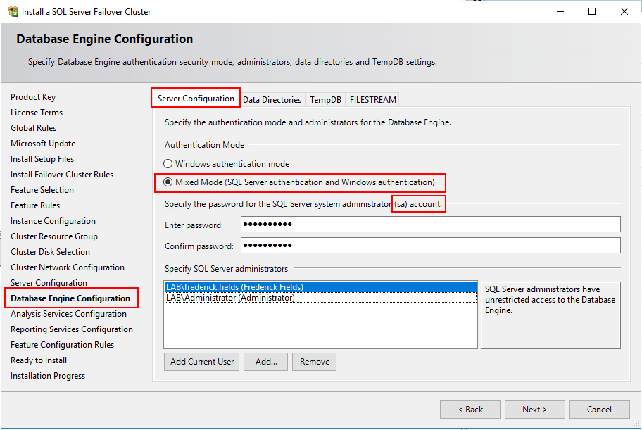 Database Engine Configuration