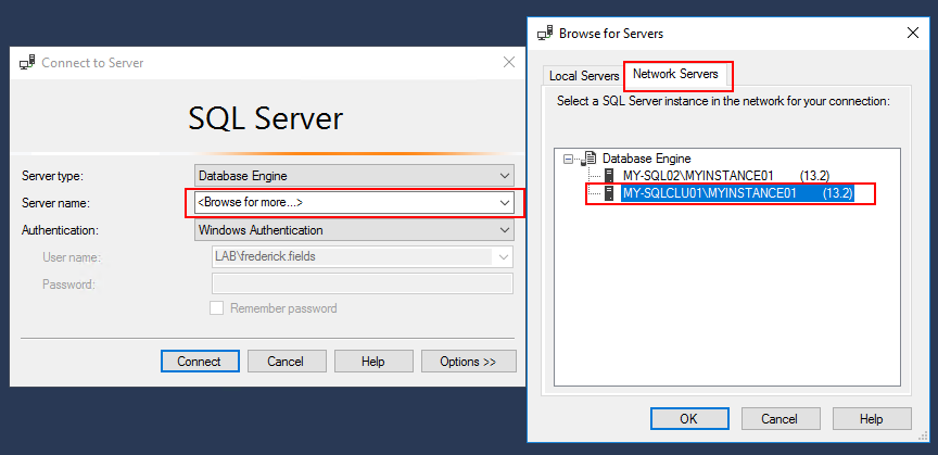 connect with ssms to sqlcluster