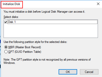 initialize disk settings