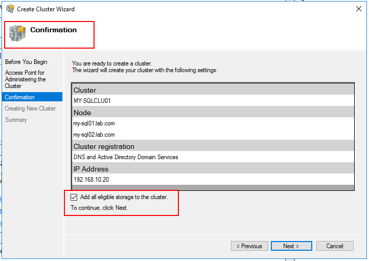 confirm cluster creation