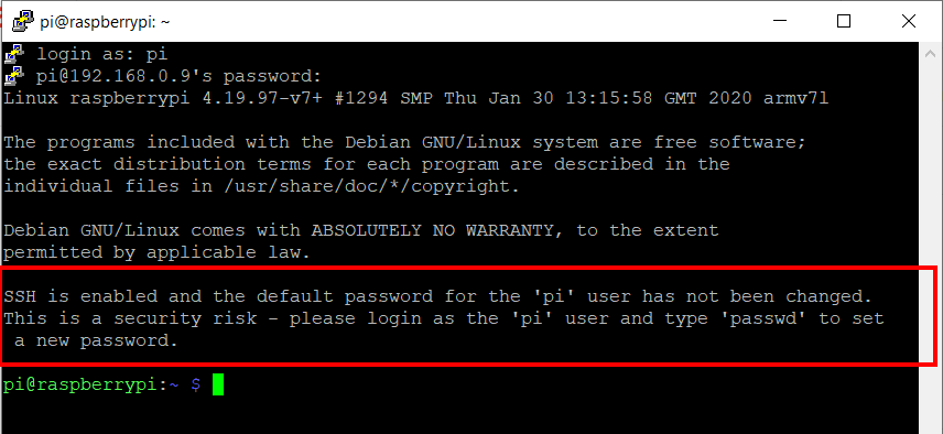 default password warning ssh