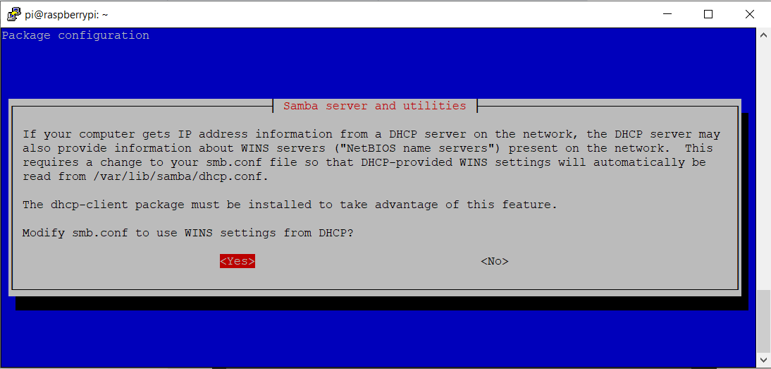 “If your computer gets IP address information from a DHCP server on the network, the DHCP server may also provide information about WINS servers (“NetBIOS name servers”) present on the network. This requires a change to your smb.conf file so that DHCP-provided WINS settings will automatically be read from /var/lib/samba/dhcp.conf. The dhcp-client package must be installed to take advantage of this feature. Modify smb.conf to use WINS settings from DHCP? <Yes><No>?”