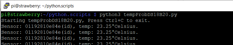 tempProbeDS18B20.py output normal temp