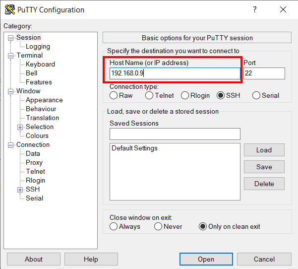 open ssh session with PuTTY